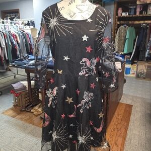 Black Sheer Dress with Star and Pegasus Embroidery